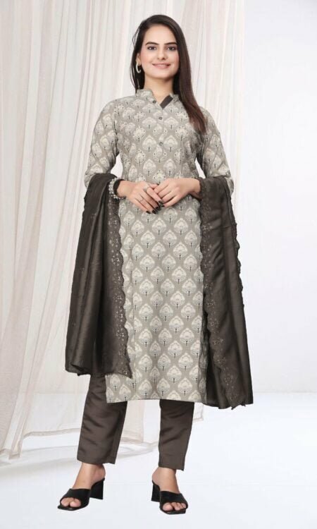 Elegant Grey Modal Viscose Silk Kurta Set With Dupatta