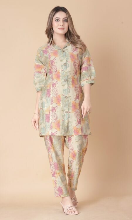 Foil Printed Multi-Color Flower Print Co-Ord Set