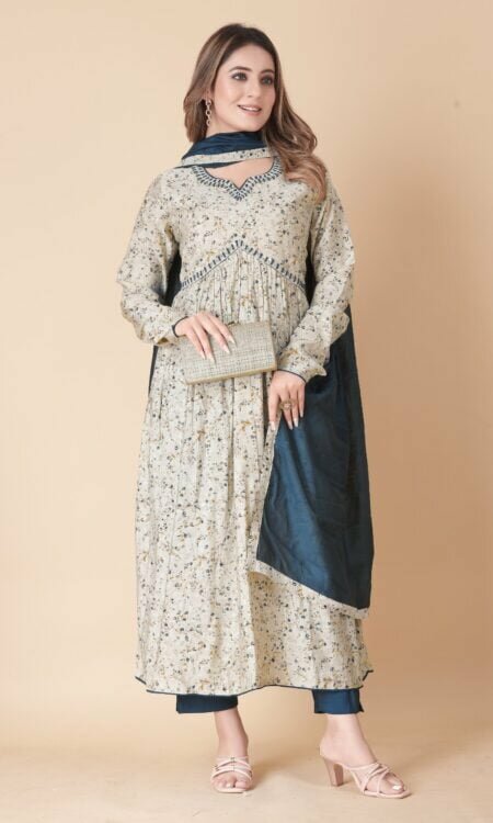 Off White Blue Print Nayra Cut Kurta Set With Dupatta