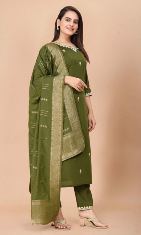 Mehndi Green Embroidered Viscose Silk Kurta Set with Trousers & Dupatta