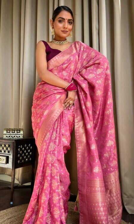 Baby Pink Banarasi Soft Silk Saree with Copper Zari Weaving and Brocade Blouse