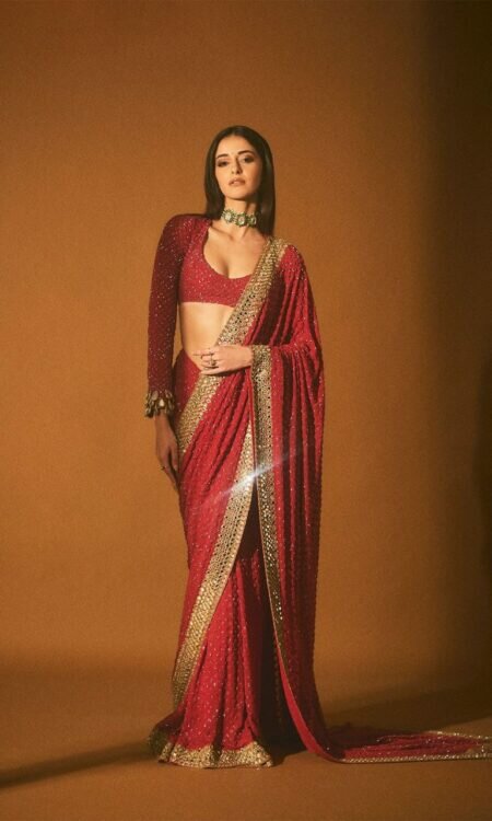 Red Heavy Soft Georgette Saree with Fancy Embroidery Thread Work and Sequins