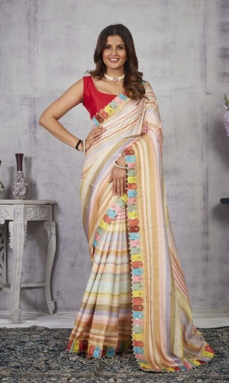 Vichitra Silk Saree with Crochet Work, Laheriya Pattern Digital Print, Embroidered Lace Border, and Moti Work
