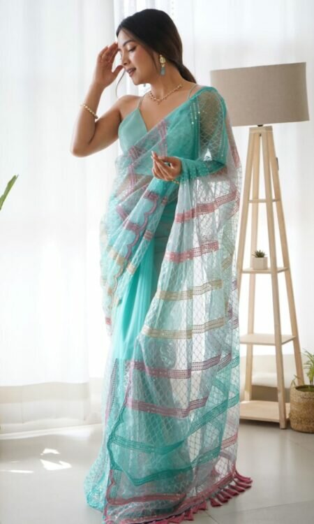 Firozi Heavy Butterfly Net Saree with Multicolored Thread and Sequence Embroidery Work
