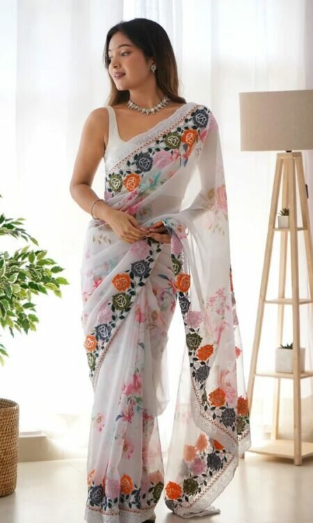 Exquisite Flowers Digital Print Saree Multicolored Thread and Sequence Embroidery Work