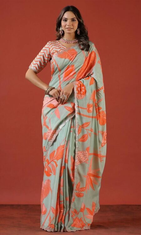 Designer Floral Digital Print Saree with Sequence Embroidery Work